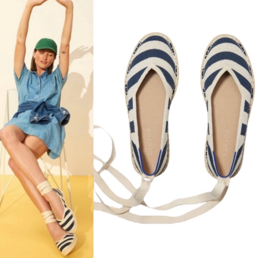 NEW Rothy’s Navy + Off-White Striped Espadrilles, Optional Ankle Ties, sz 6.5